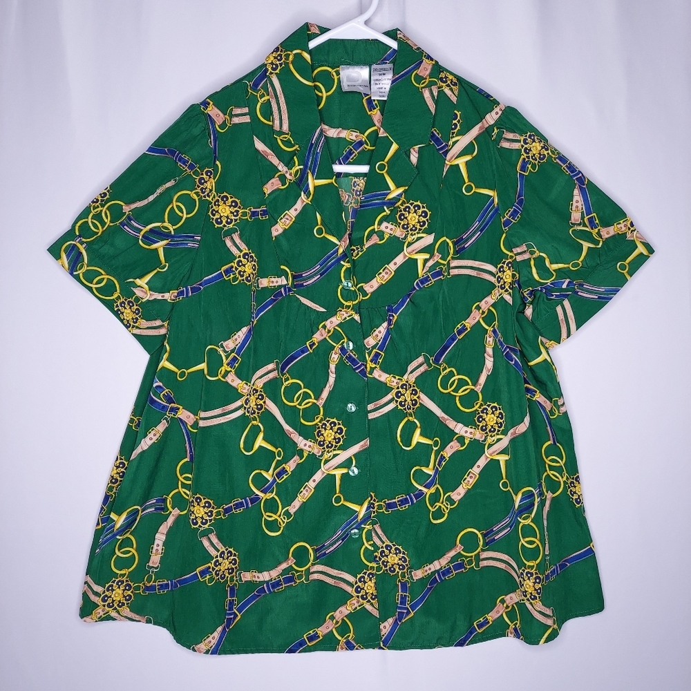 Roamans Equestrian Top 16W Green Yellwo Short Sleeve Button Bit Bridle Horse